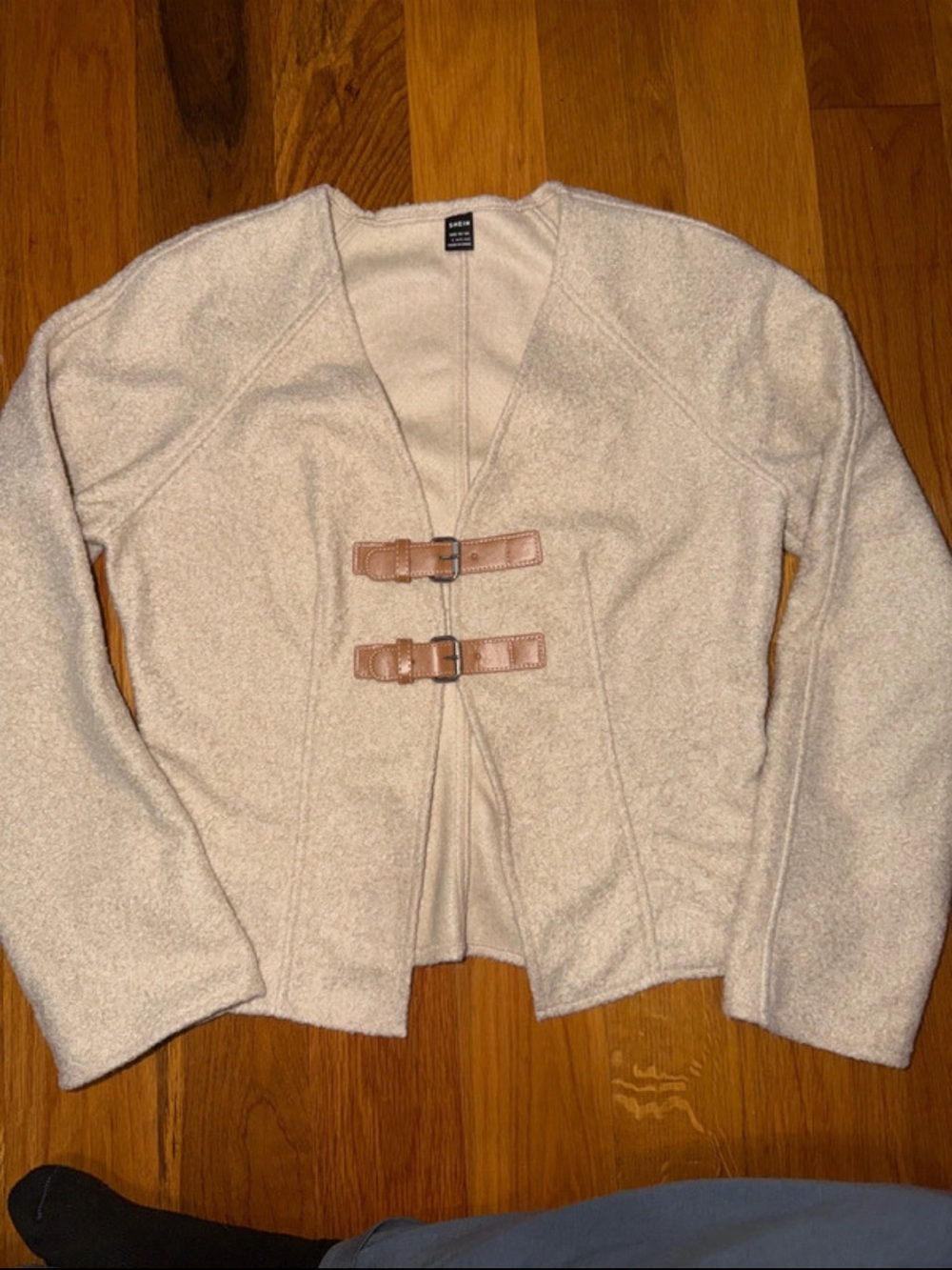 SHEIN Cream Bouclé Sweater Cardigan with Tan Buckle Straps